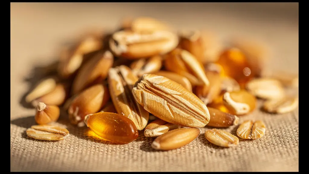 Extreme close-up of whole oat grains and barley kernels bathed in warm golden light, showing their natural texture and detail