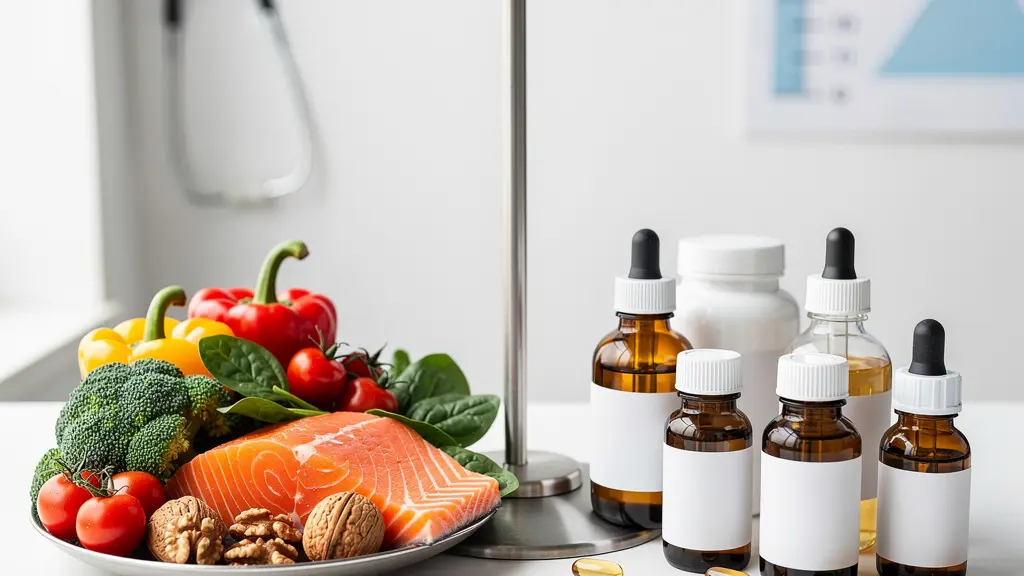 Professional comparison display of omega-3 rich foods and supplements for children's nutrition