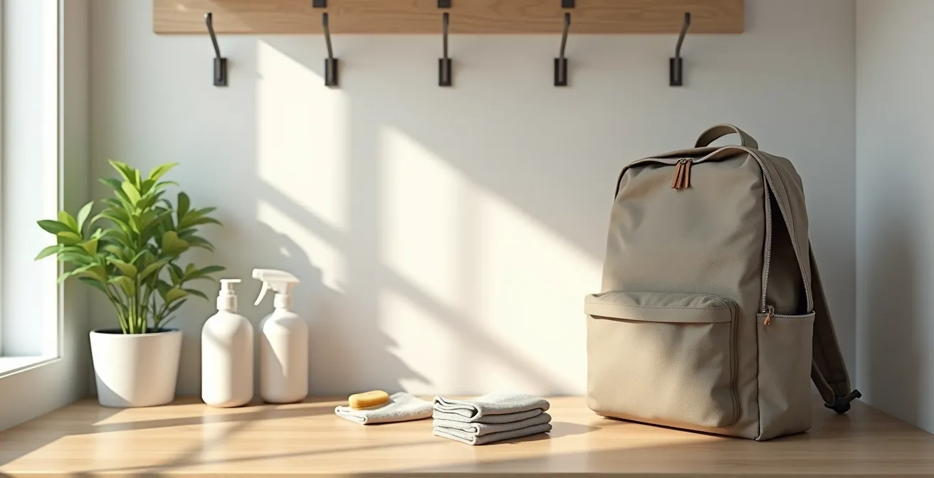 Home cleaning station with backpack care supplies arranged