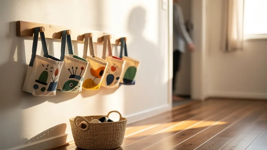 Organized entryway with bags and items ready for morning departure