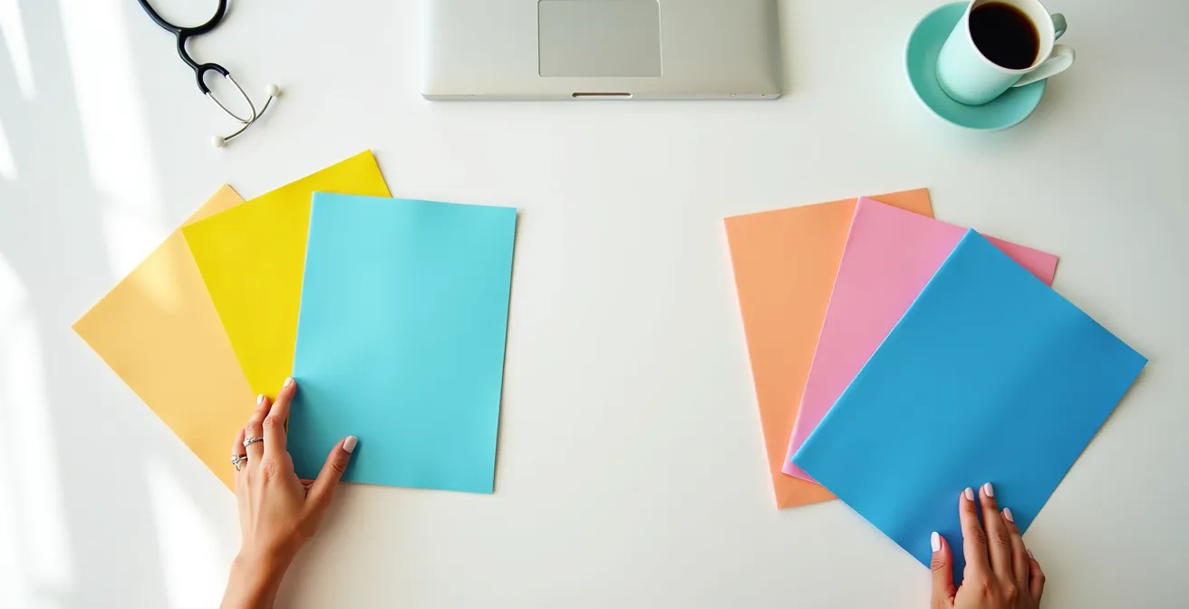 Hands organizing colorful medical record folders on a clean desk
