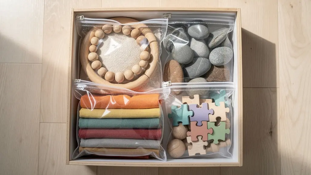 Overhead view of organized quiet time box with separated sensory activities in clear pouches
