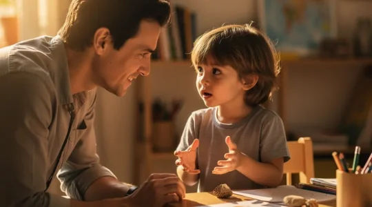 Parent and child engaged in thoughtful conversation during everyday activity