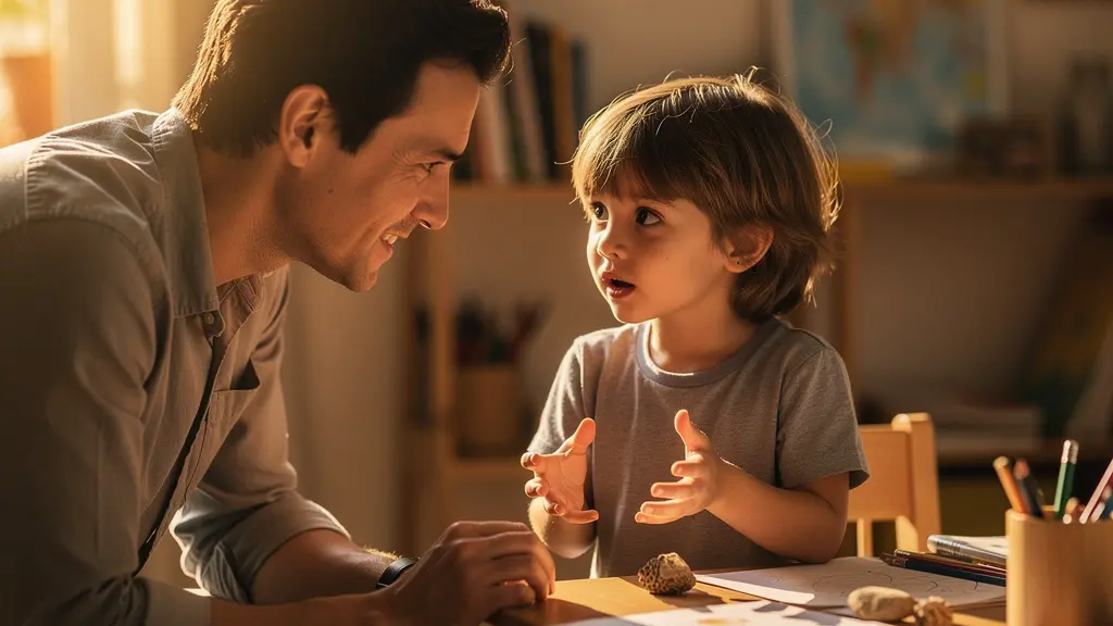 Parent and child engaged in thoughtful conversation during everyday activity