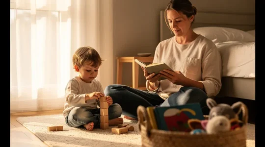 Parent and toddler during peaceful afternoon quiet time with soft toys and books in cozy bedroom setting