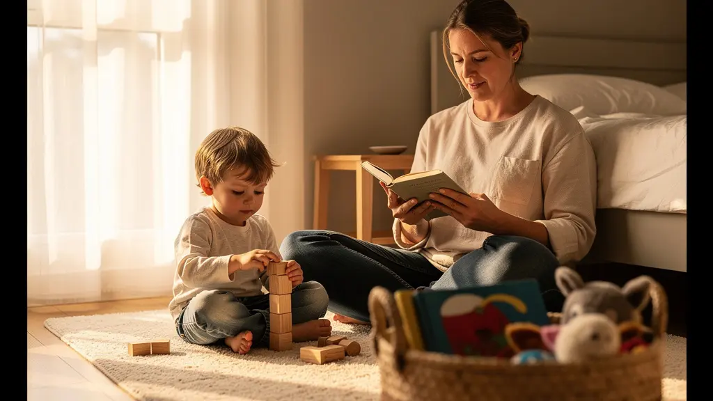Parent and toddler during peaceful afternoon quiet time with soft toys and books in cozy bedroom setting