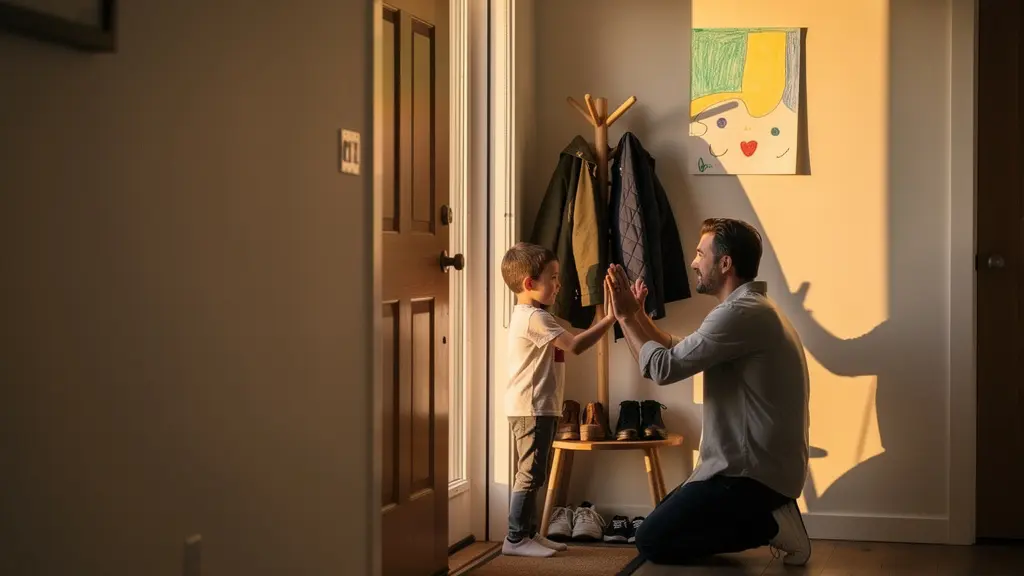 Parent and child creating a special greeting moment at the front door