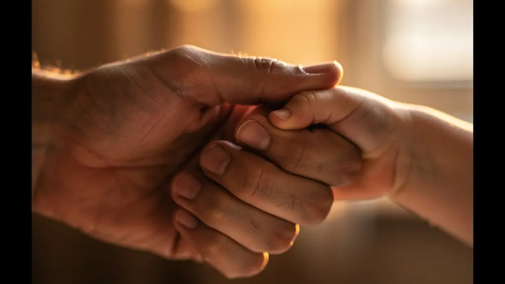 Parent sitting at child's level having an honest conversation in soft evening light
