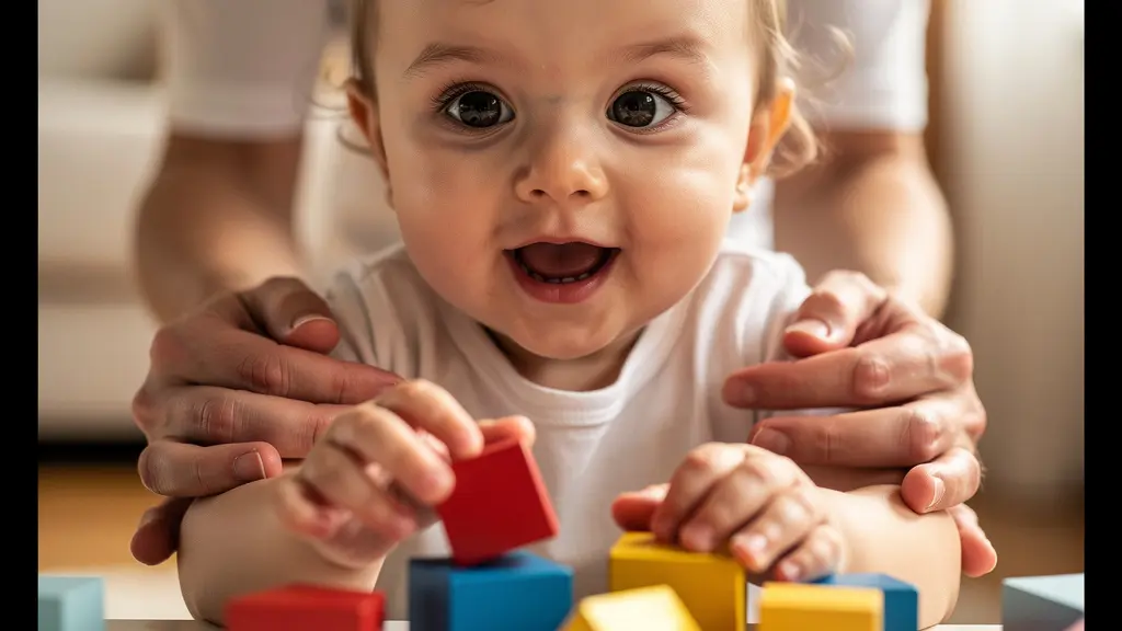 Adult and toddler sitting on floor engaged in educational play with building materials