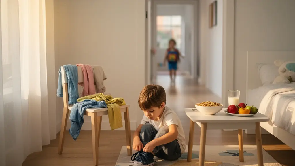 Child calmly preparing for school with organized morning routine