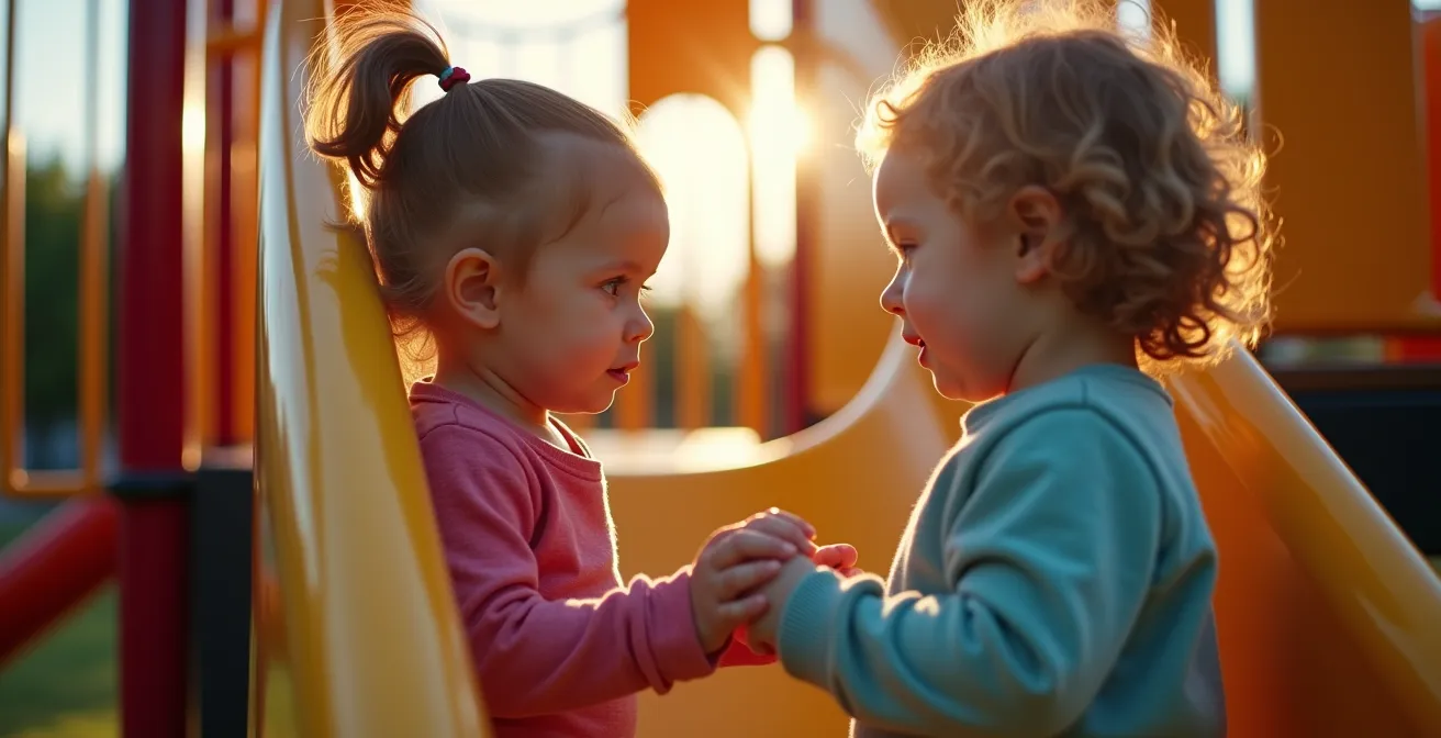 Two preschoolers negotiating turn-taking on playground equipment