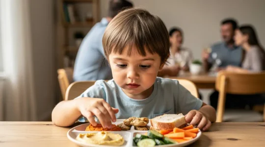 Child at dining table exploring different food textures with curious expression