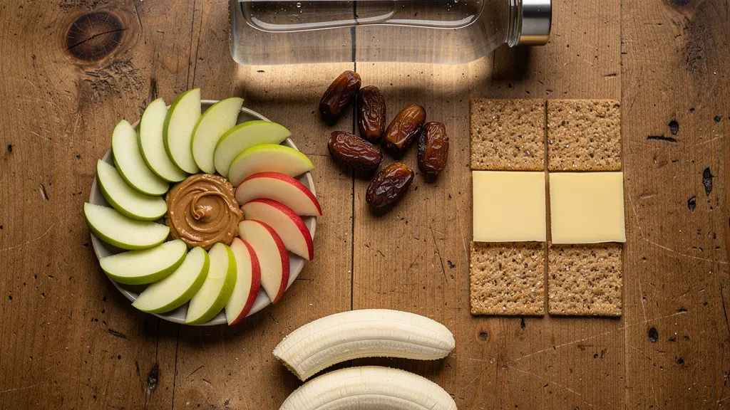 Overhead view of various pre-game snacks arranged on a wooden surface with a sports water bottle
