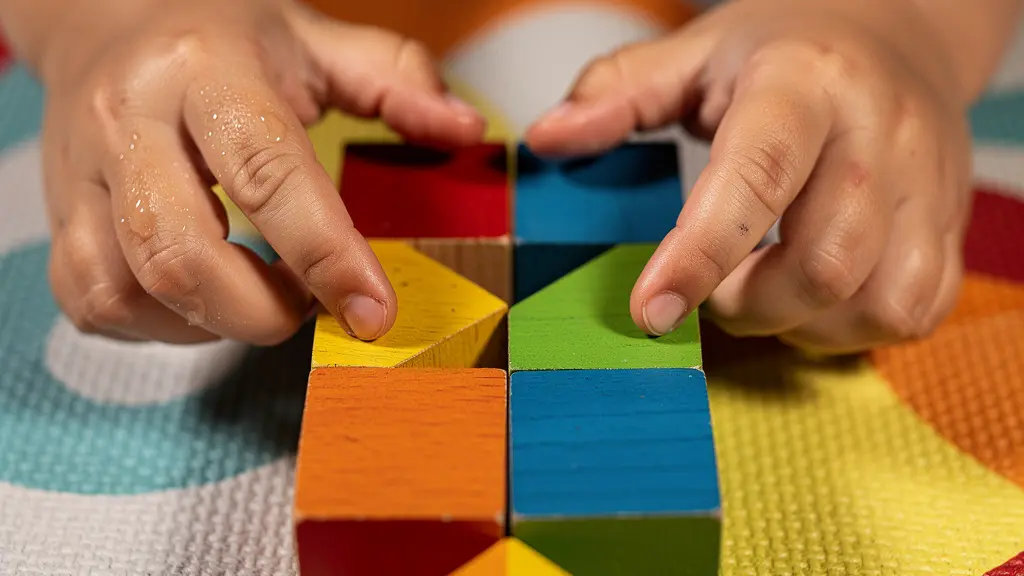 Close-up of a child's hands carefully arranging colorful wooden blocks, demonstrating focus and executive function skills.
