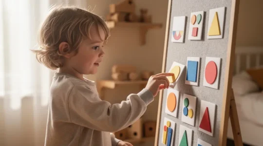 Preschool child interacting with colorful visual routine chart in bright morning light