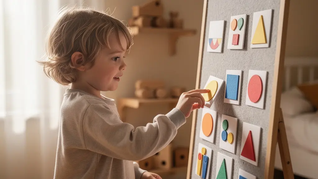 Preschool child interacting with colorful visual routine chart in bright morning light