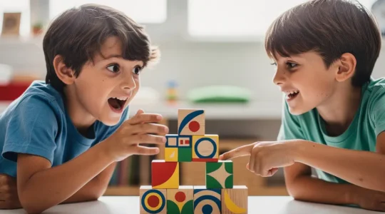 Two children collaborating over colorful building blocks in a bright playroom