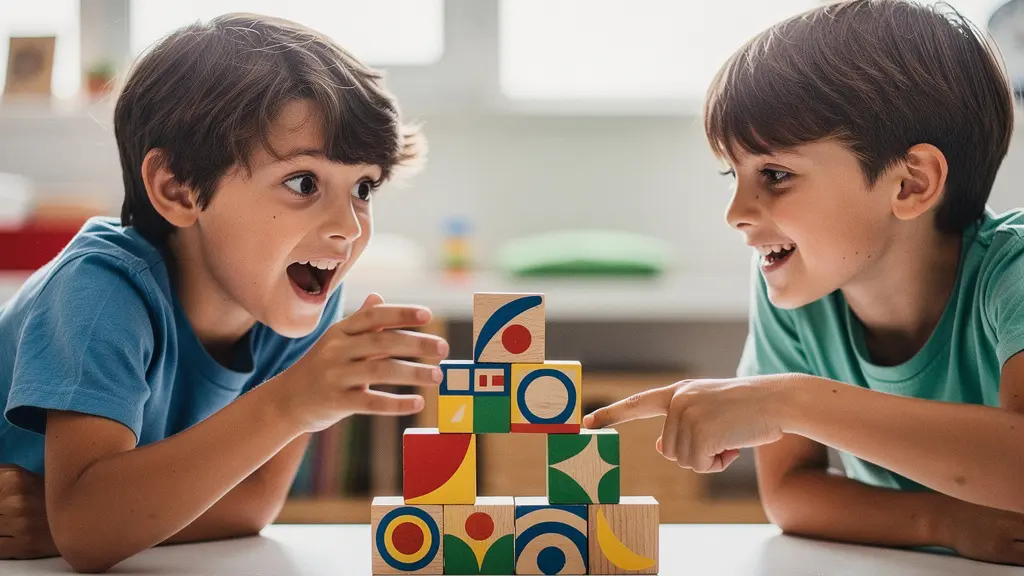 Two children collaborating over colorful building blocks in a bright playroom