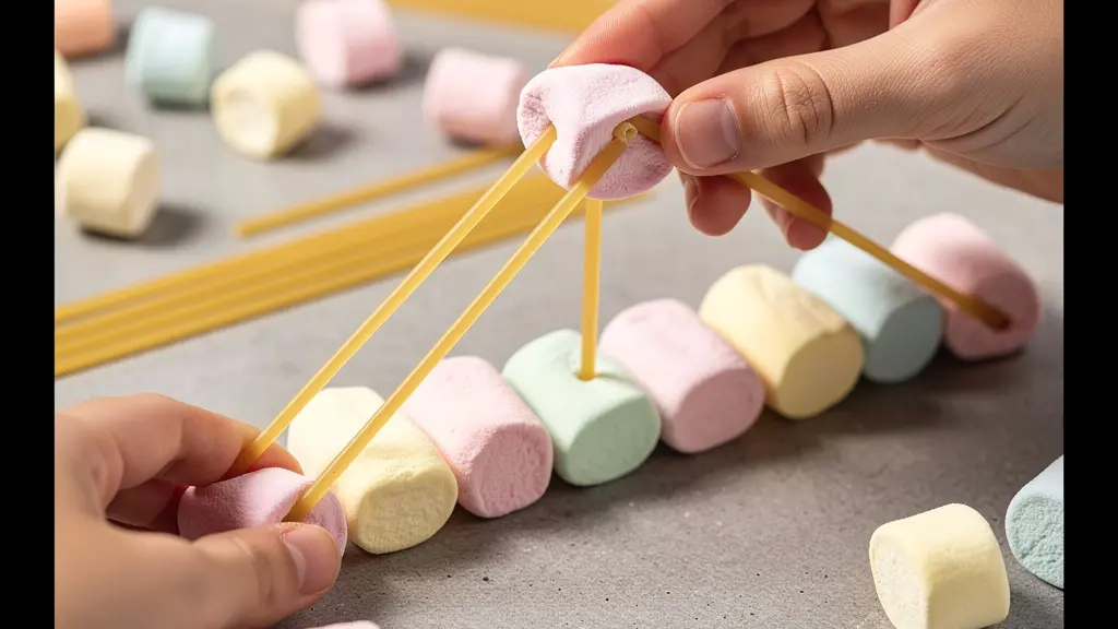 Close-up of children's hands building a bridge structure with uncooked spaghetti and marshmallows