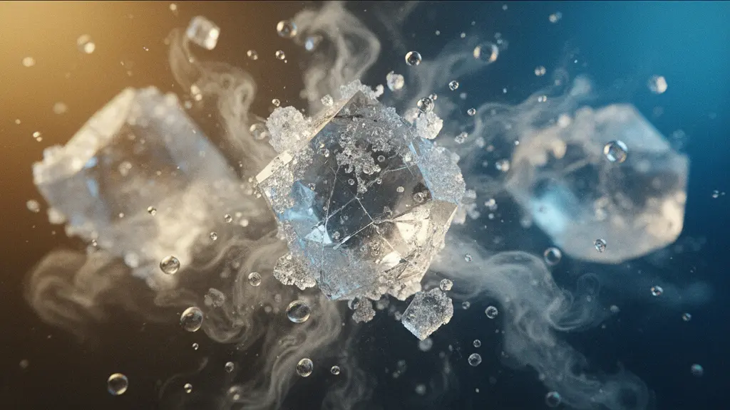 Close-up macro photograph of sugar crystals dissolving into liquid, symbolizing the rapid sugar spike and crash in a child's bloodstream.