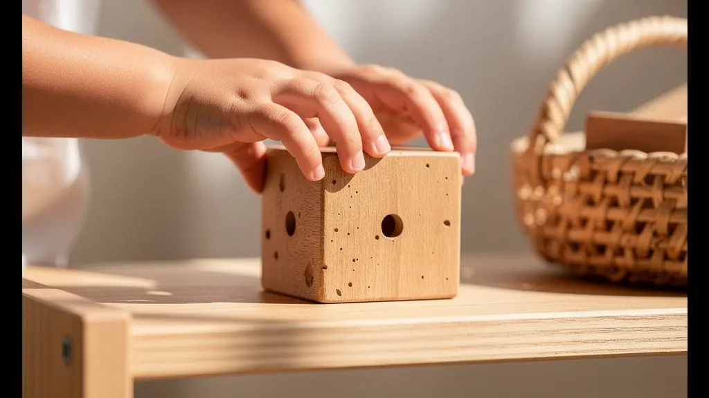 Close-up of child's hands selecting toy from organized low shelf