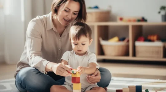 Parent and toddler engaged in morning educational routine with building blocks