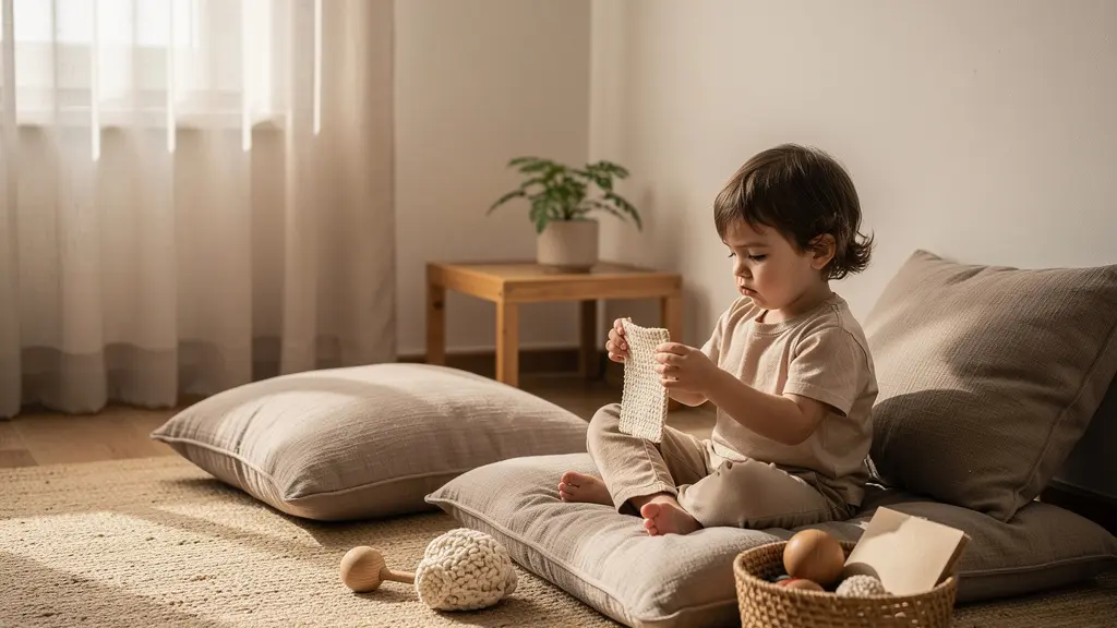 Cozy reading corner with soft cushions where toddler finds calm
