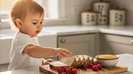 A toddler curiously reaching toward slices of whole grain bread arranged on a bright kitchen counter alongside colorful fruits