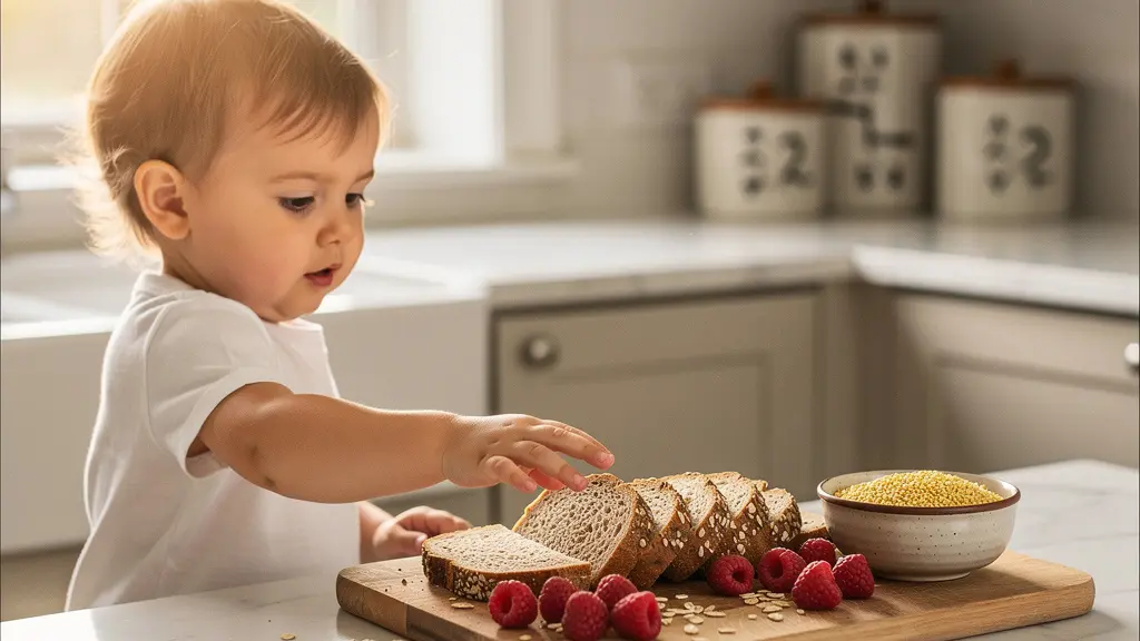 A toddler curiously reaching toward slices of whole grain bread arranged on a bright kitchen counter alongside colorful fruits