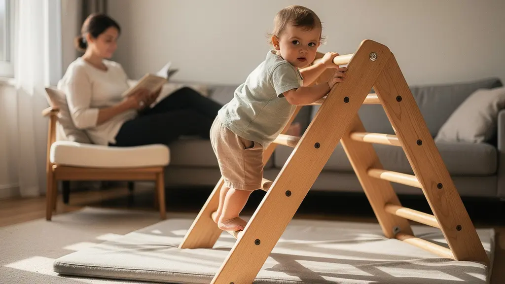 Young child climbing on a Pikler triangle in safe play area