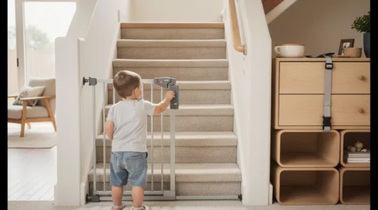 A toddler exploring stairs with safety gates and anchored furniture visible in a child-proofed home environment