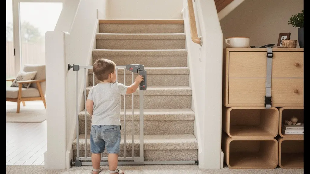 A toddler exploring stairs with safety gates and anchored furniture visible in a child-proofed home environment
