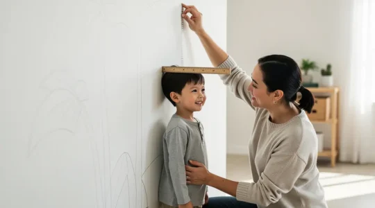Parent measuring child's height against a wall marked with growth measurements