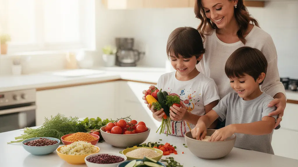 Family preparing colorful plant-based protein foods in modern kitchen with children actively participating