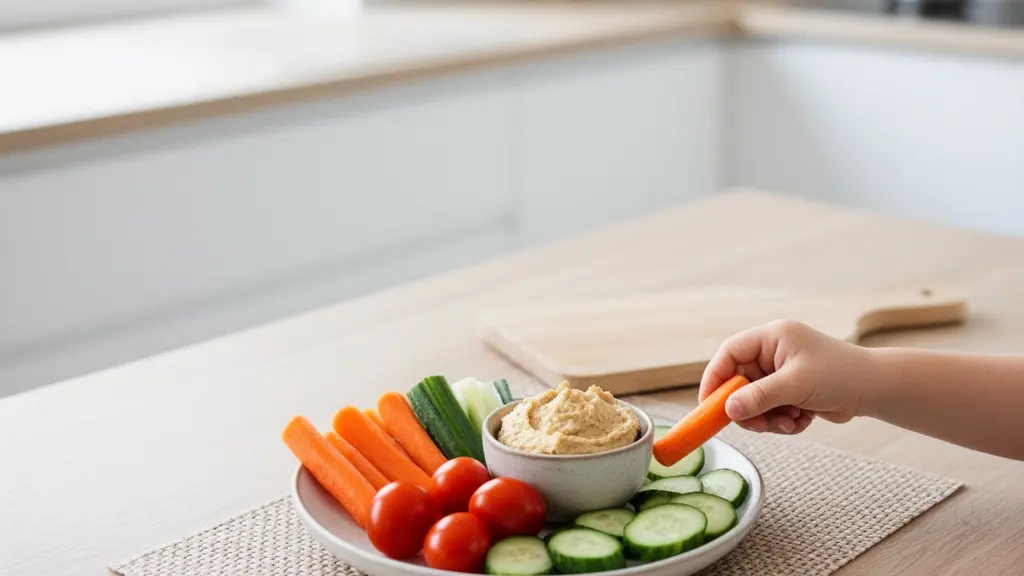 A small colorful plate of child-friendly vegetable starters like cucumber sticks, cherry tomatoes, and hummus arranged invitingly on a wooden table.