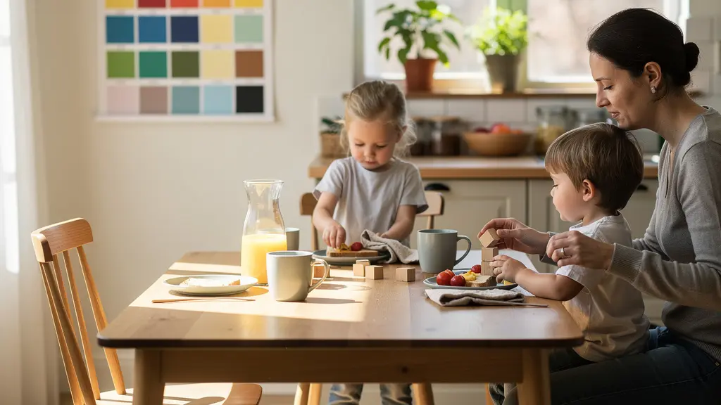 Family engaged in relaxed weekend morning routine with visual schedule in background