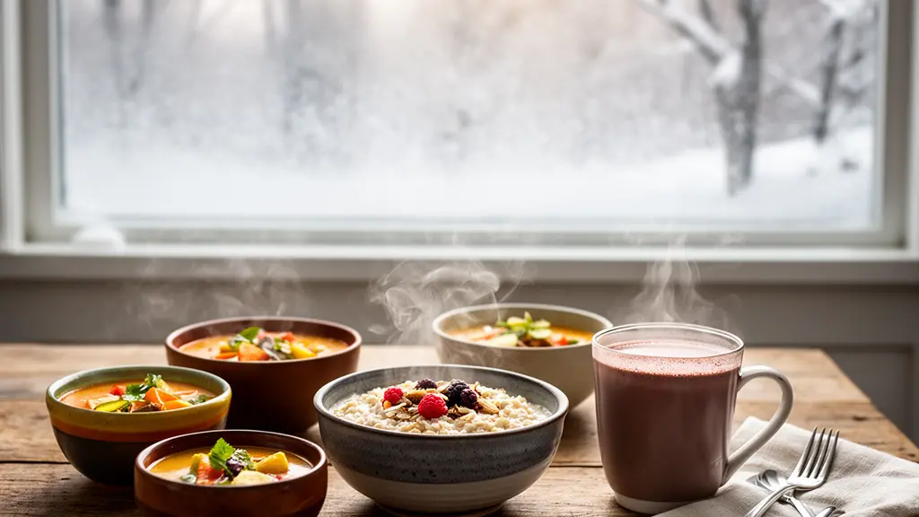 Cozy winter scene with steaming bowls of nutrient-rich comfort foods
