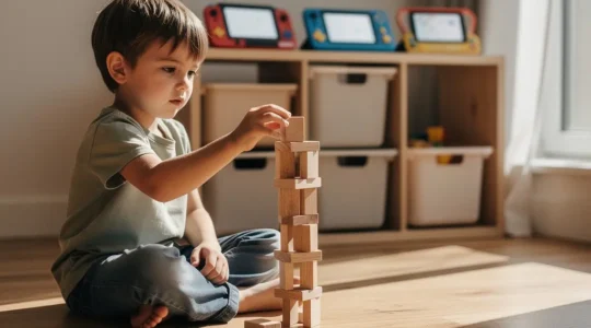 Child deeply focused playing with wooden blocks while electronic toys sit unused in background