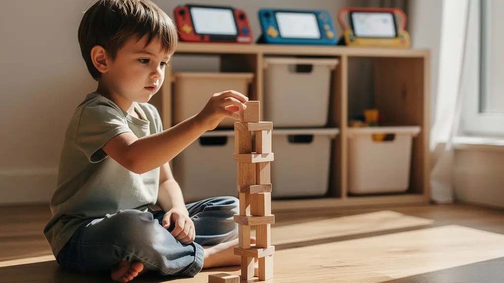 Child deeply focused playing with wooden blocks while electronic toys sit unused in background