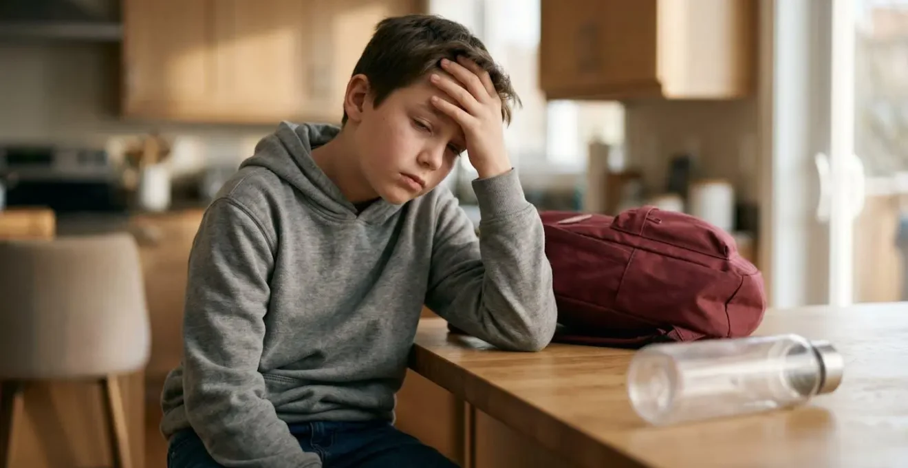 School-age child arriving home looking tired and holding their head, with an empty water bottle visible, illustrating after-school dehydration effects