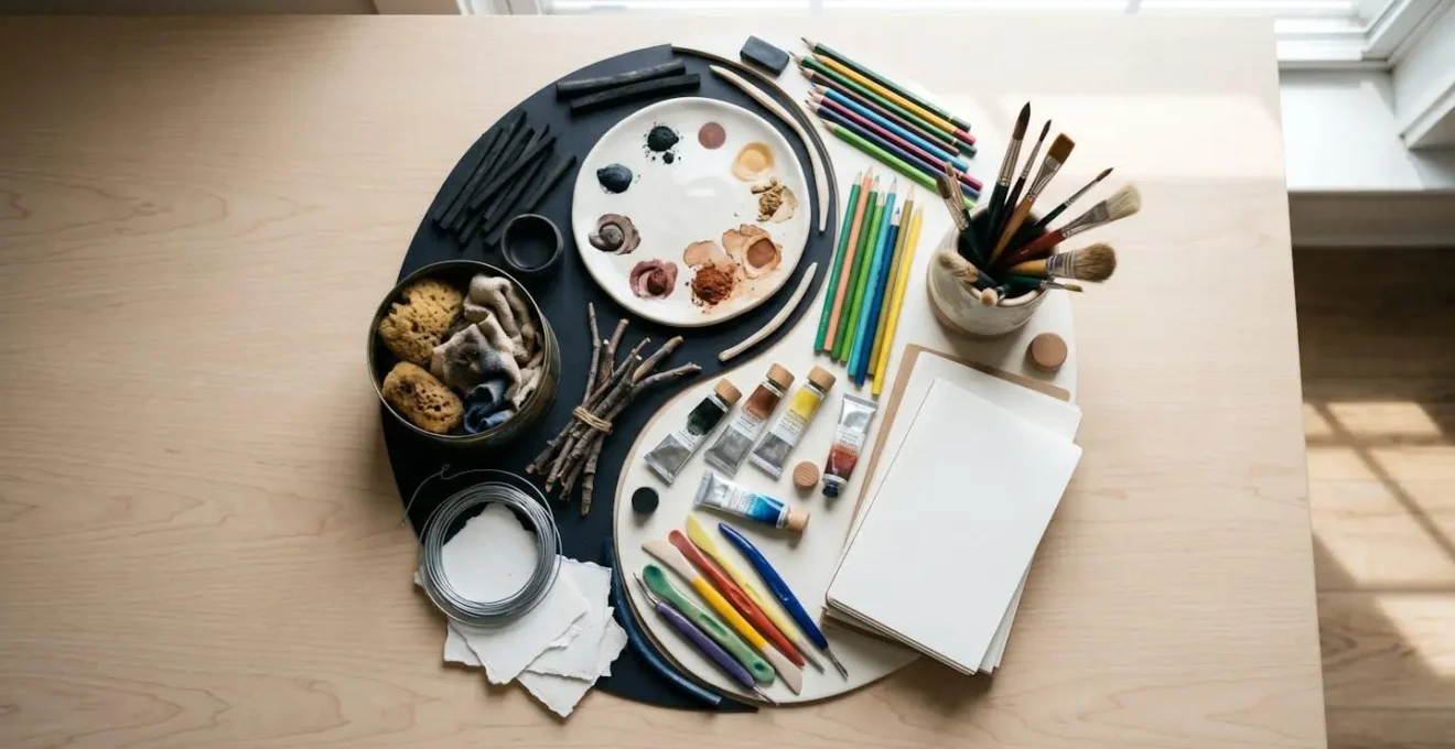 Artistic arrangement of diverse art materials symbolizing balanced creative input and output activities