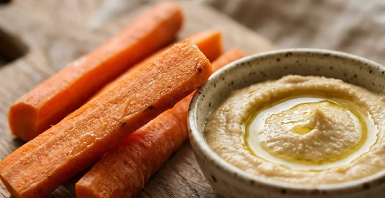 Close-up of fresh orange carrot sticks arranged next to a small ceramic bowl of creamy hummus on a wooden surface