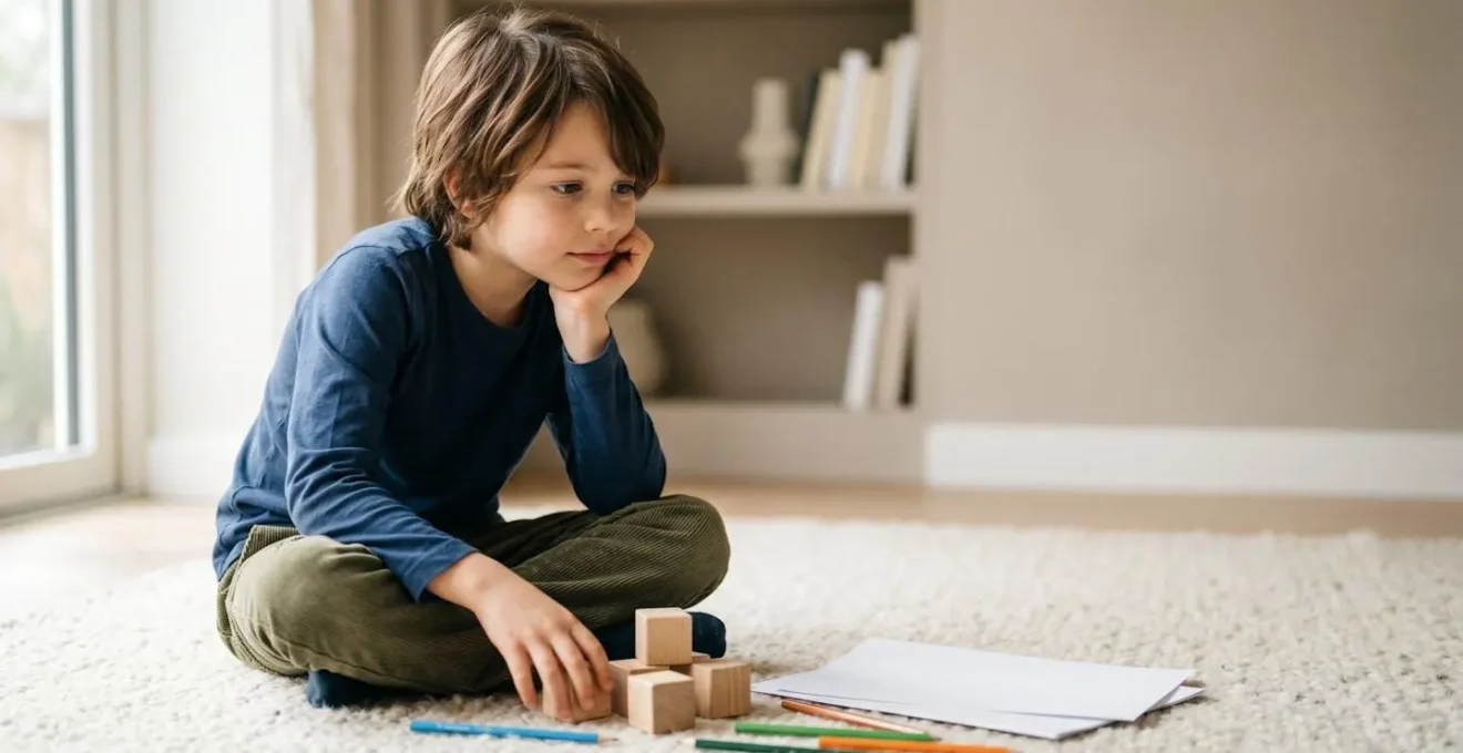 Child in contemplative moment of boredom transitioning into imaginative creative play showing the default mode network activation