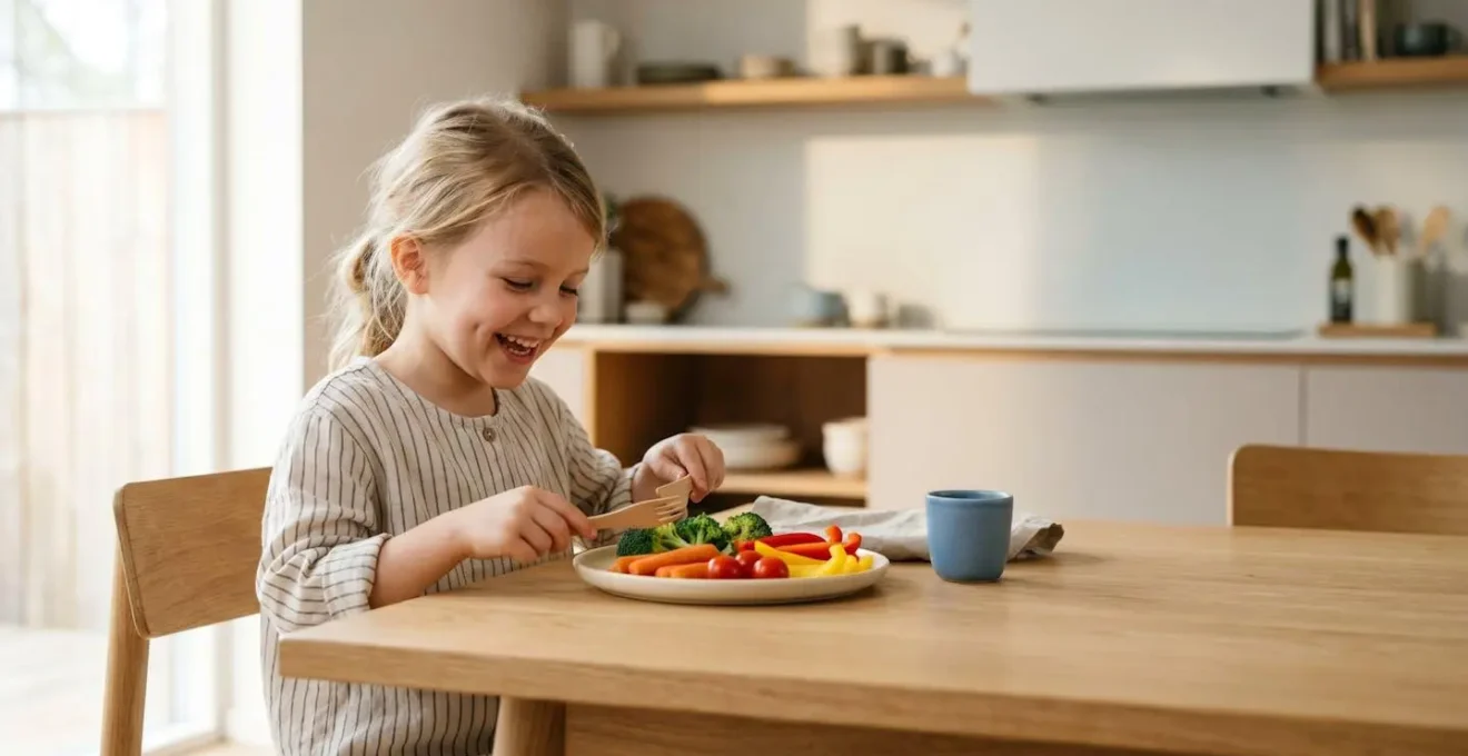 Young child happily eating colorful vegetables at family table showing positive food relationship