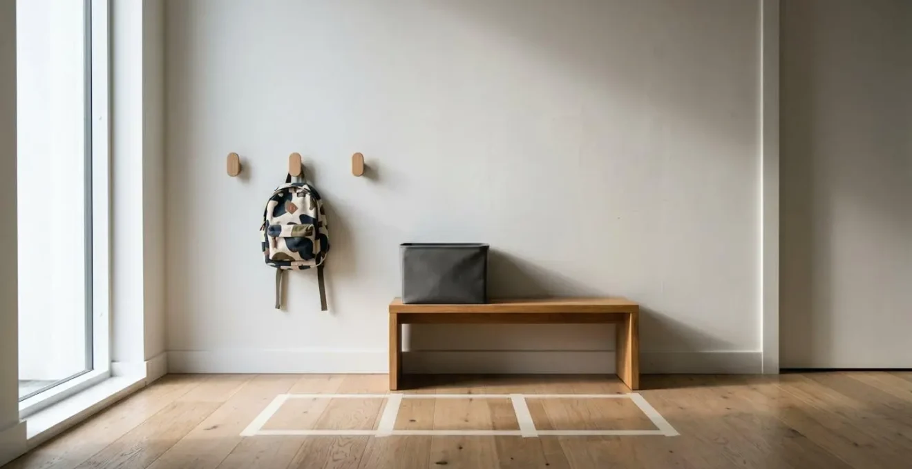 Wide shot of organized home entryway with low hooks and designated zones at child height for backpack and school supplies