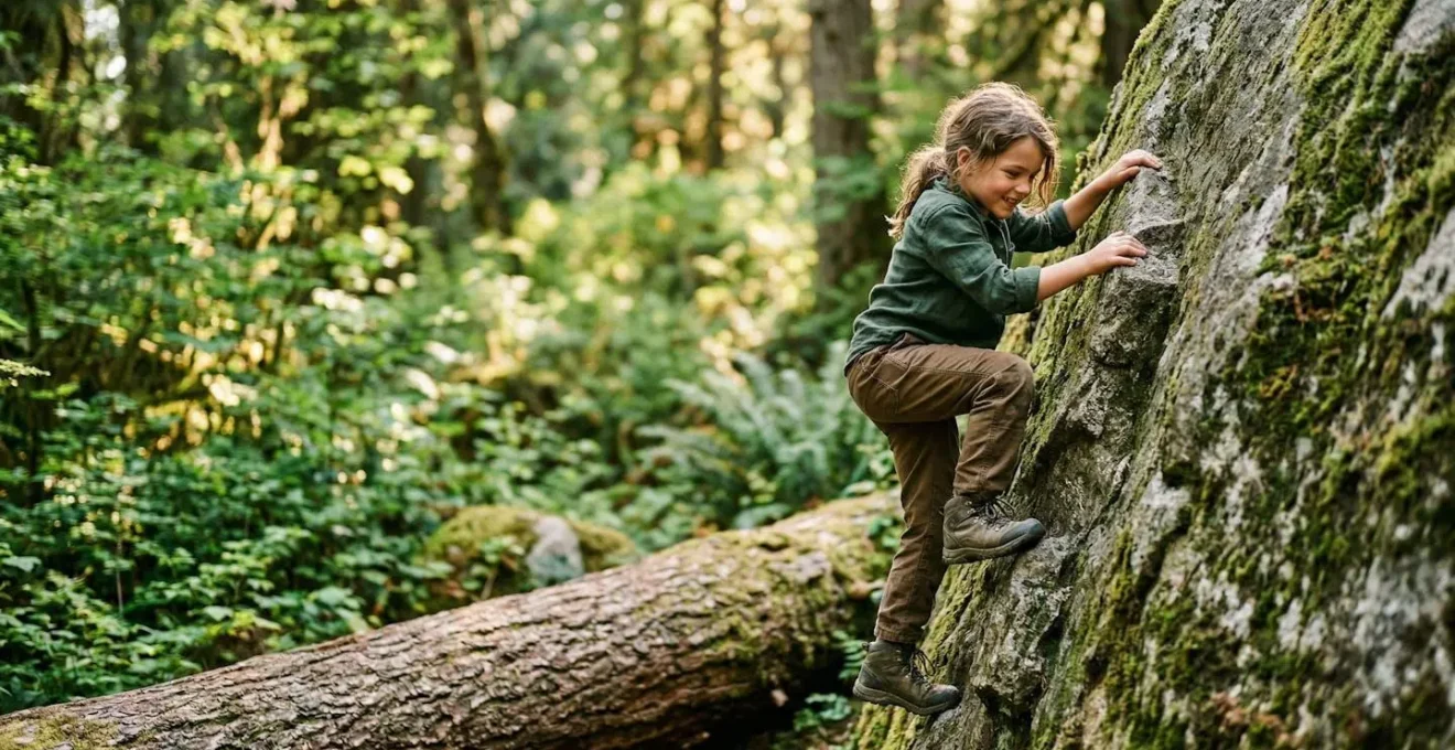 Child confidently climbing natural rock formation in forest setting demonstrating safe outdoor exploration