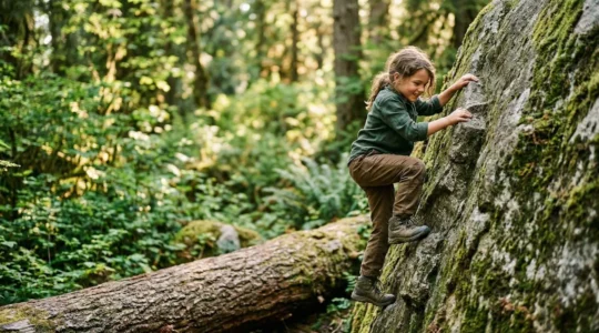 Child confidently climbing natural rock formation in forest setting demonstrating safe outdoor exploration