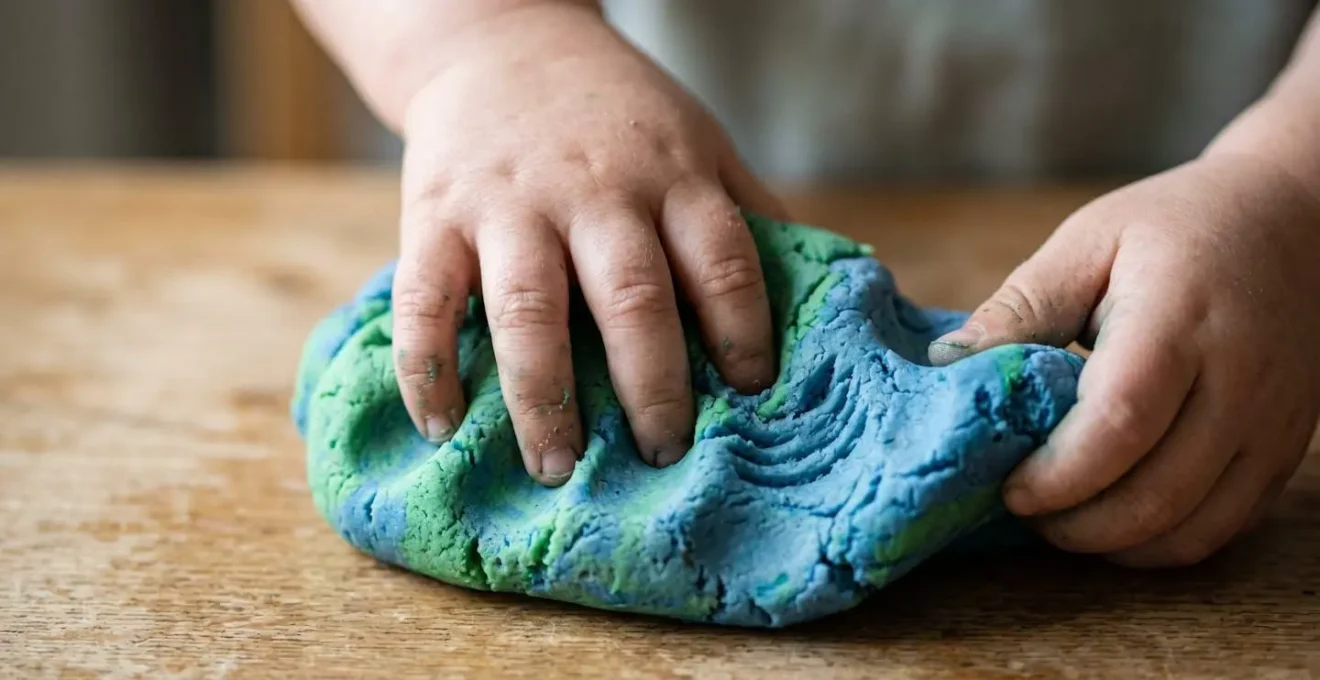Macro view of child's hands pressing and squishing therapeutic clay, showing tactile sensory engagement