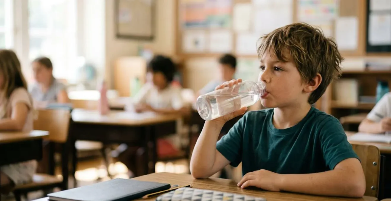 Elementary school child drinking water from a reusable bottle during class, showing attentive engagement with learning materials