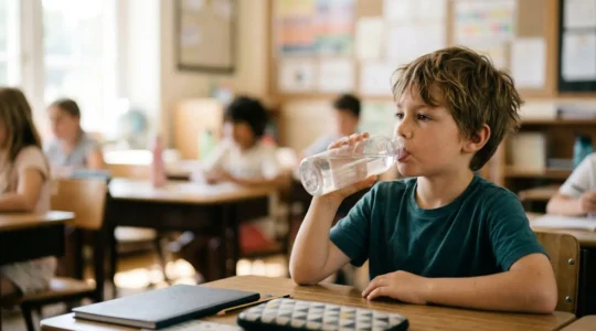 Elementary school child drinking water from a reusable bottle during class, showing attentive engagement with learning materials